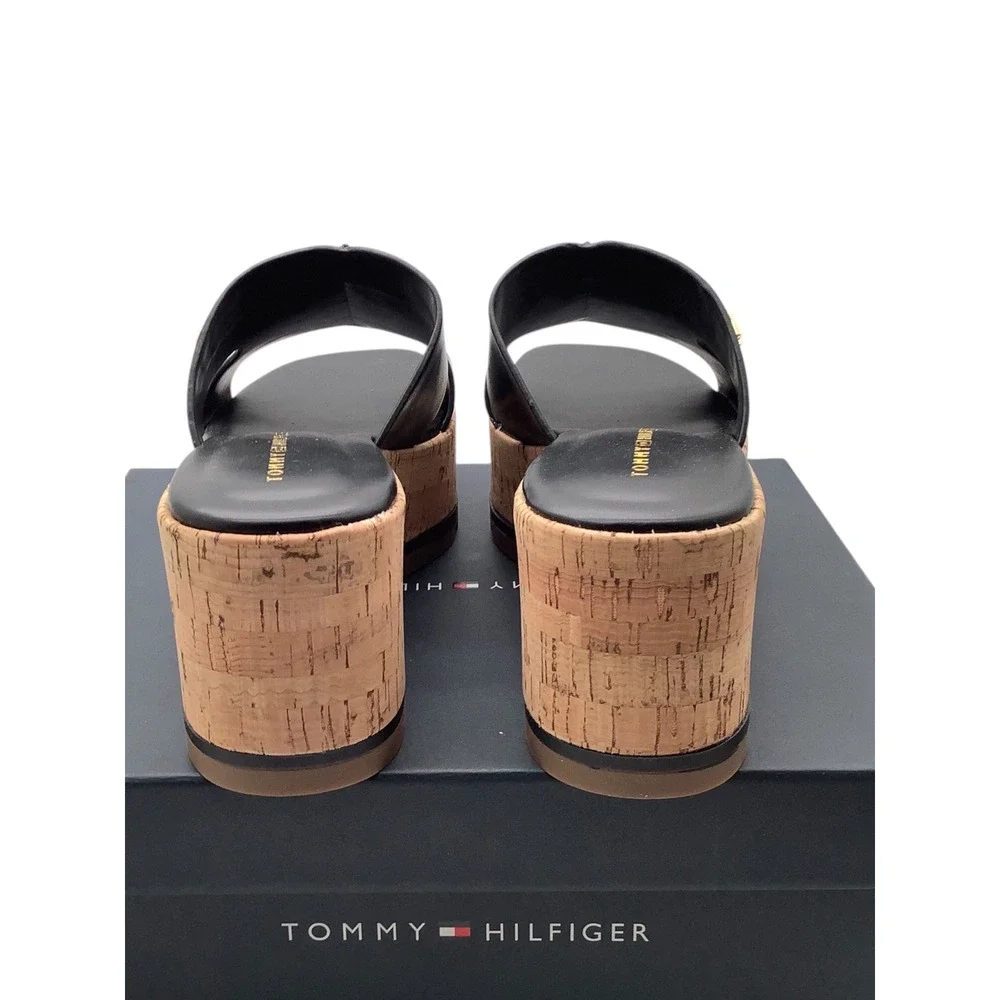 Tommy Hilfiger Heliena Black Cork Platform Wedge Sandals Womens 7M Gold Monogram